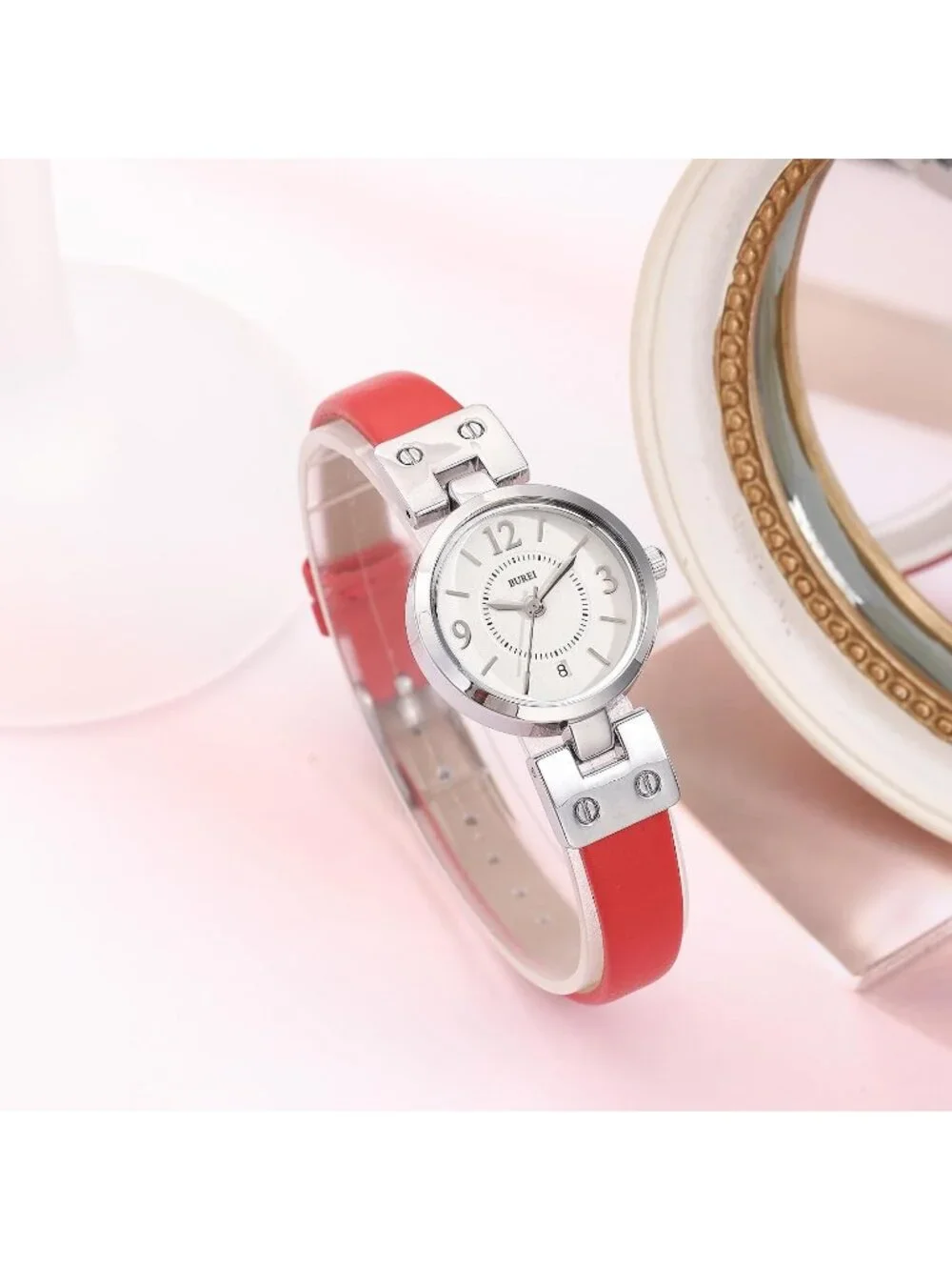 Women's Silver Red Gold Elegant Dial with Leather Strap Minimalist Wrist Watch